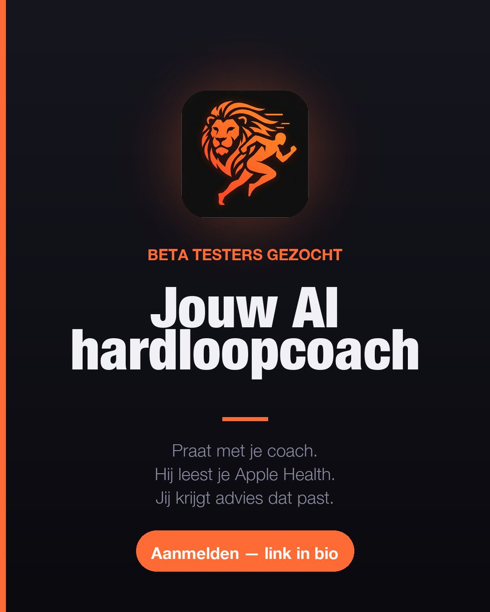 icvanee's tweet photo. 🦁 Beta testers gezocht.

Coach Leo is een AI-hardloopcoach voor iOS. Geen abonnement, geen tracker-circus. Je praat gewoon met je coach, hij leest je Apple Health, en jij krijgt advies dat past bij hoe het écht met je gaat.

Wil je 'm proberen? https://t.co/qiL0nh5Z4S. https://t.co/L5MiDmdhcK
