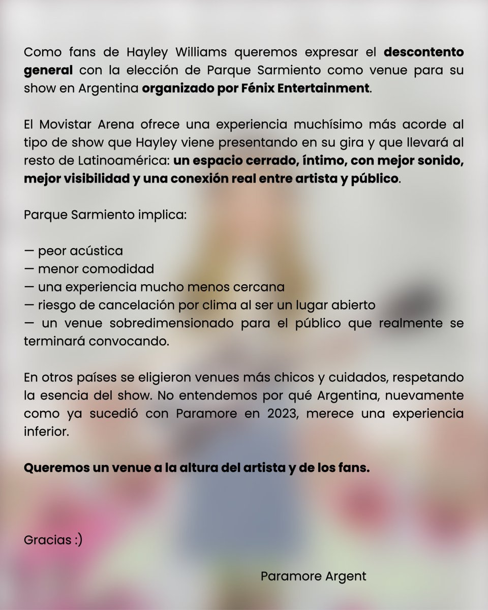Creo que hablamos por la mayoría cuando decimos que queremos un venue a la altura de Hayley y del show. 

Si están de acuerdo, ayudennos a difundir: #HWenMovistarArena

<a href="/fenix_latam/">FENIX ENTERTAINMENT</a>