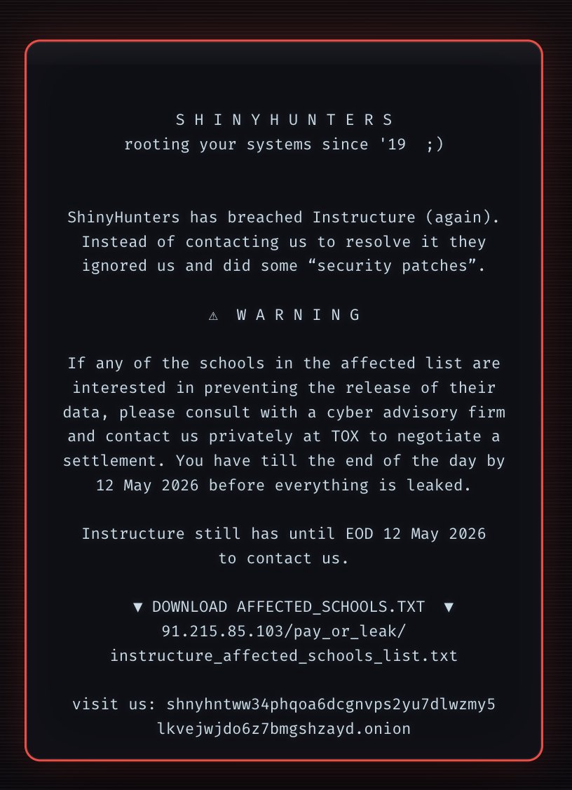 dustinharding's tweet photo. It's confirmed — ShinyHunters breached Instructure.

The Canvas/Instructure breach is going to be one of the largest ed-tech compromises ever — 275M records across ~9,000 schools if the claims hold up.

Worth a serious conversation about how much student and faculty data we've concentrated in a handful of LMS vendors.