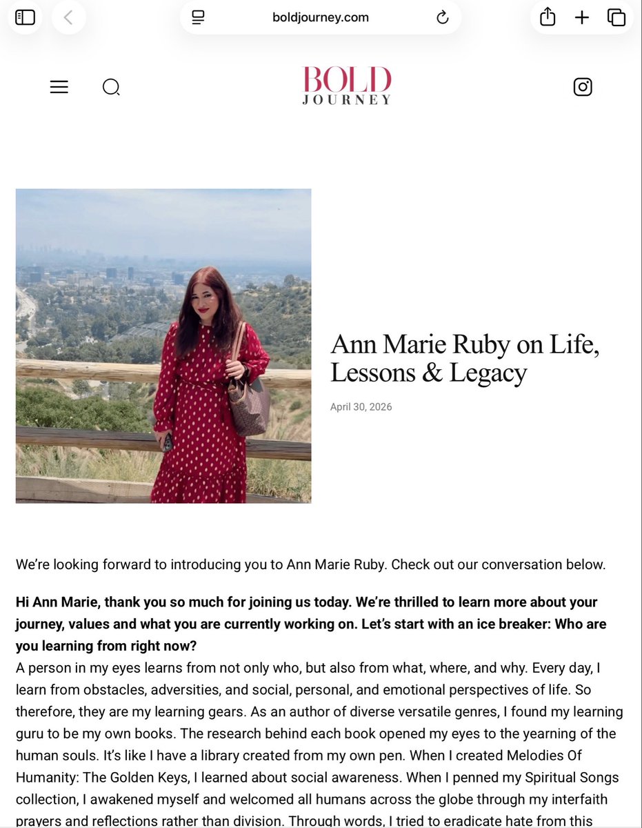 TheAnnMarieRuby's tweet photo. “Ann Marie Ruby on Life, Lessons & Legacy” describes my personal experiences in an interview with Bold Journey which is now out for you to read. From this interview, you can explore, guide, and shape yourself from my learned lessons of life and carry the learned lessons forward. 

Read the whole interview here!

https://t.co/T5OrulCJqI