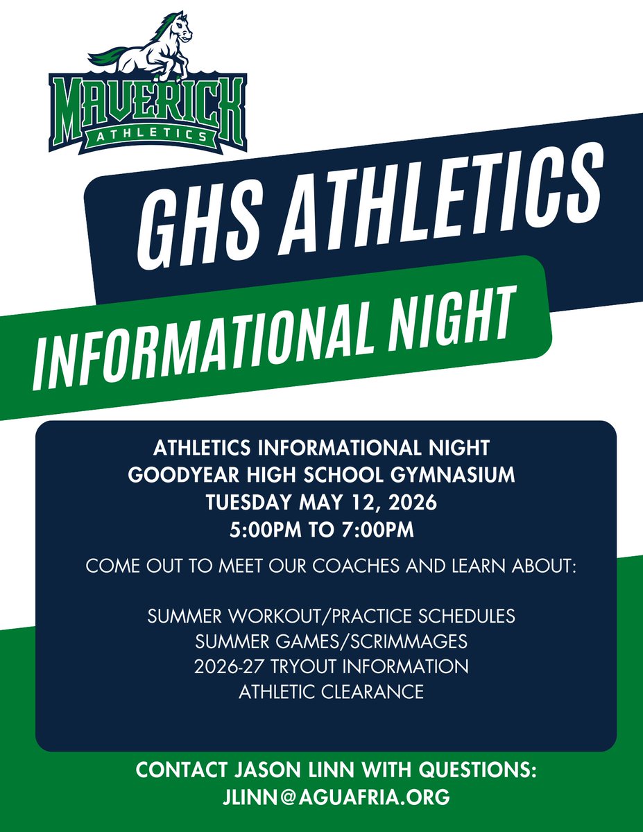 ghsmavs's tweet photo. Come check out all the information about athletics for the summer. Open to all sports and all student enrolled at GHS for the 2026-27 school year. https://t.co/zYI2k61kQA