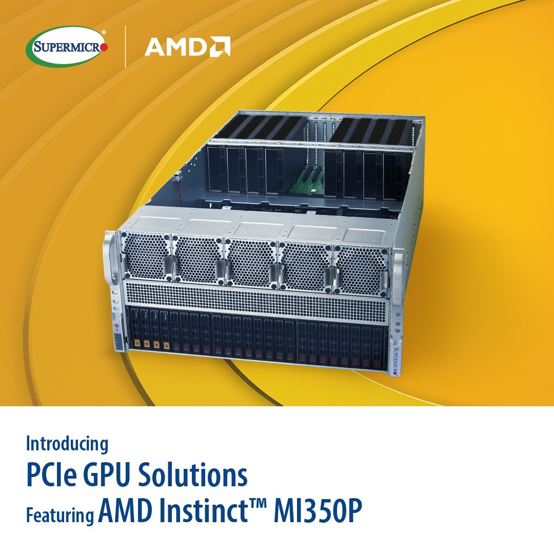 Supermicro's tweet photo. Enterprise AI ready where you are. Supermicro PCIe GPU solutions featuring AMD Instinct™ MI350P GPUs simplify on-prem deployment with scalable AI performance.