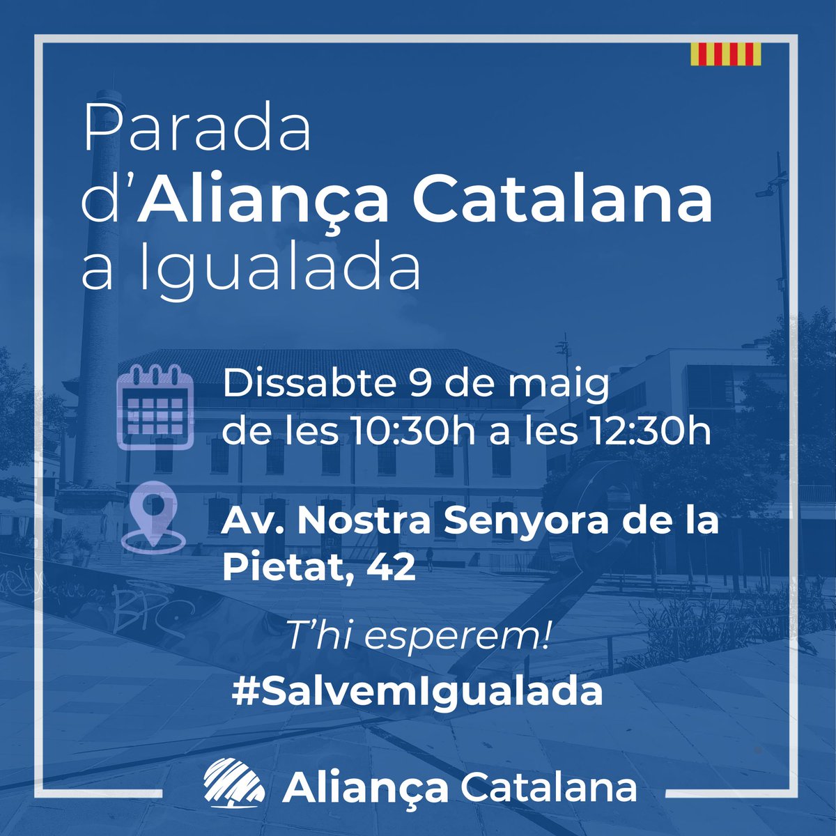 AnoiaAC's tweet photo. Aquest dissabte ens tornem a veure a Igualada:   

📌Parada informativa al Barri de Fàtima, Igualada
📅Data? 9 de maig de 2026 
🕙Quan? de 10:30 a 12:30h
📍On? Av. Nostra Senyora de la Pietat, 42 (davant del Centre Cívic de Fàtima)

#SalvemlAnoia #SalvemCatalunya💙 https://t.co/yFKSOdPKSI