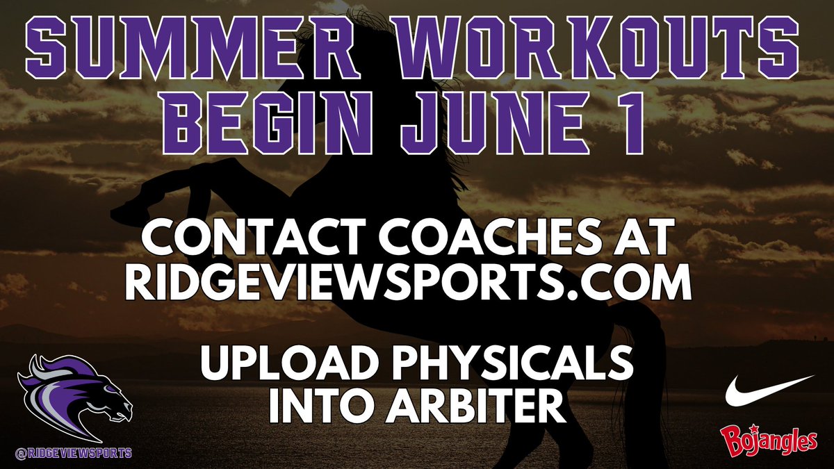 RidgeViewSports's tweet photo. Summer workouts begin June 1!

Contact our @RidgeViewSports head coaches by visiting https://t.co/MGFmtpURyc.

Physicals should be uploaded into Arbiter.

#NextLevel https://t.co/sR7ngRfXbK