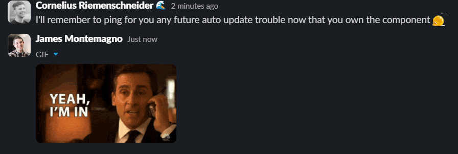 Teams chat showing JamesMontemagno agreeing to own the Copilot CLI auto-update component
