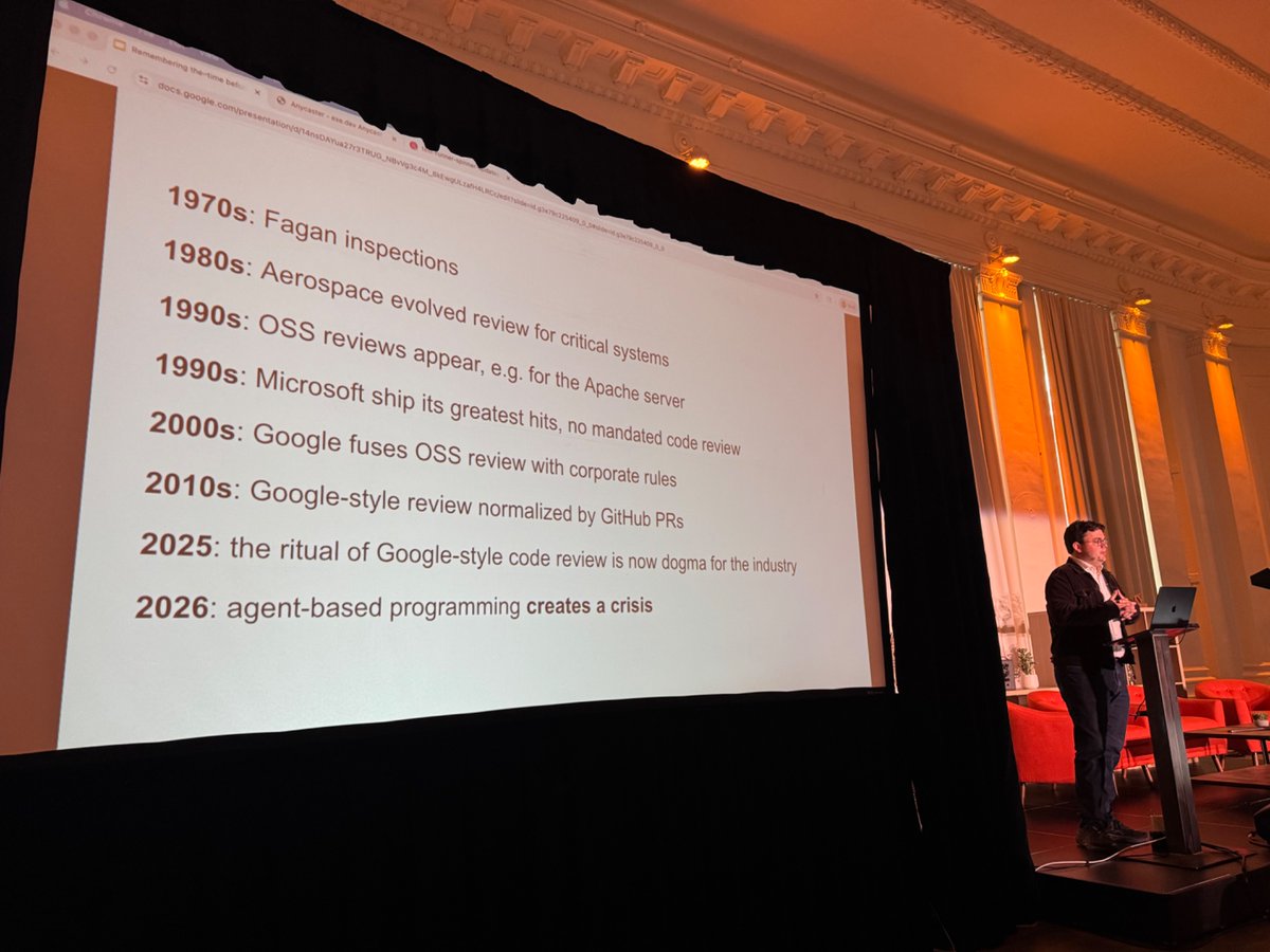 josephruscio's tweet photo. .@davidcrawshaw going through the history of code reviews. At my very first professional programming job at Motorola they were still doing Fagan reviews. We used to call the review meetings “getting Faganized”. @heavybit #devguild https://t.co/oWMRHq0w7m