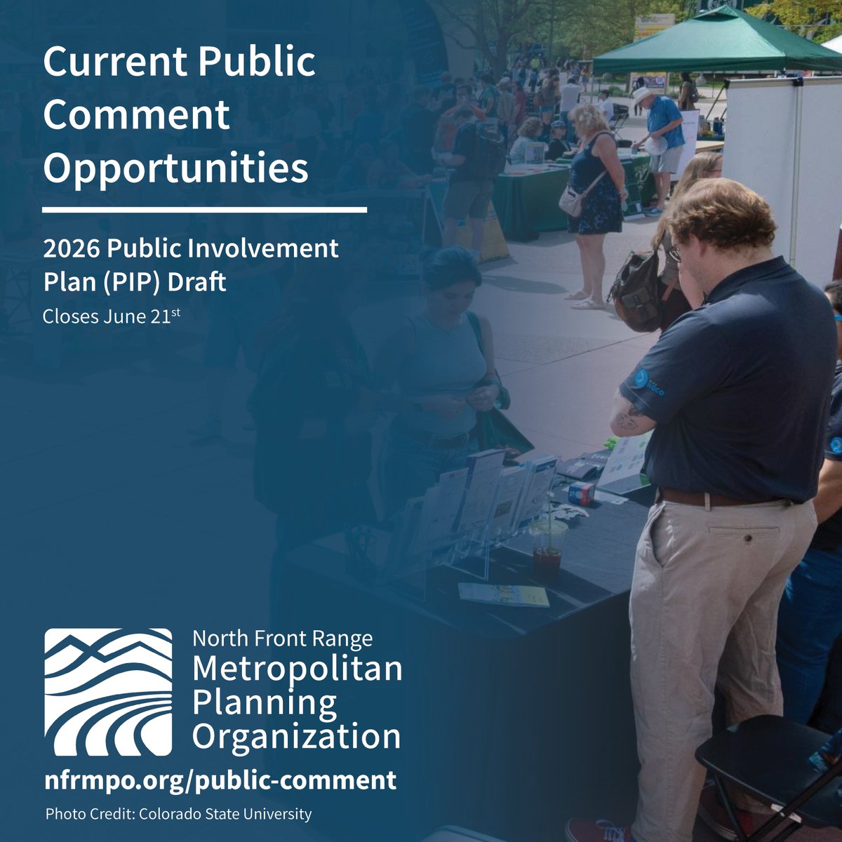 NFRMPO's tweet photo. The #NFRMPO and @RideNoCo have a public comment opportunity for the 2026 Public Involvement Plan (PIP) Draft available now! View the full draft and share your comments online at https://t.co/VW2u9Wh69T. https://t.co/cH1E0MOShG