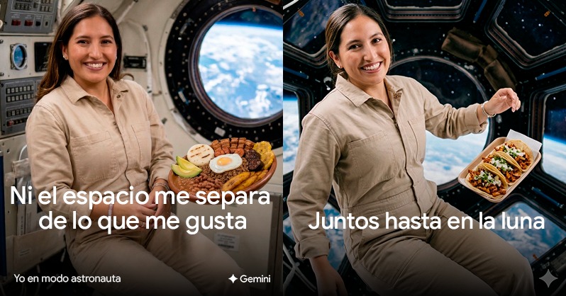 googleespanol's tweet photo. ¡Tu misión espacial! 👨‍🚀 ¿Qué te llevas a la luna? Copia este prompt en Gemini y cambia [taco] por tu comida:

"Foto mía [rostro real] en nave espacial, flotando. Rostro feliz. Un [taco] flota junto a mí. Estilo realista, cinematográfico, 35mm."

¿Qué sabor te llevas?
