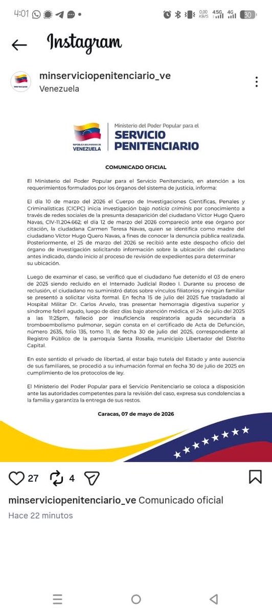 ¡Víctor Quero falleció mientras estaba desaparecido!
El Ministerio Penitenciario dice que no informó vínculos filiatorios, pero su madre fue muchas veces a Rodeo I y negaban su paradero.
¡Indignante!