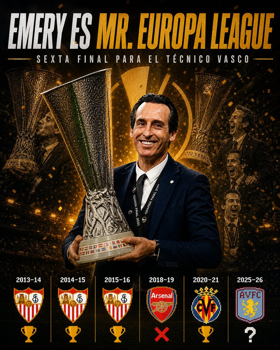 🔝 Unai Emery es Mr. Europa League.
💥 6ª final de #UEL en 12 años.
🏆 Ganó 4 de las 5 anteriores.