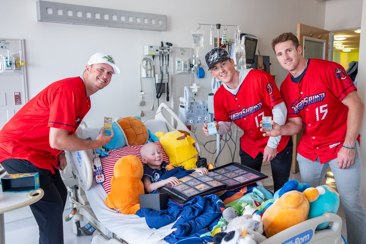 WolfsonChildren's tweet photo. Our #WolfsonWarriors couldn't be taken out to the ballgame, so the @JaxShrimp brought the ballgame to them today! ⚾ 

Jumbo Shrimp players Jacob Berry, Bradley Blalock (@bradley_blalock) and Ethan O'Donnell (@ethanodonnell14) stopped by a few of our patients' rooms to spread some goodwill, give away swag, and talk about anything the kids had on their minds. 

By the end of the day, the kids' smiles were sunnier than the brightest day at the ballpark! 🌞