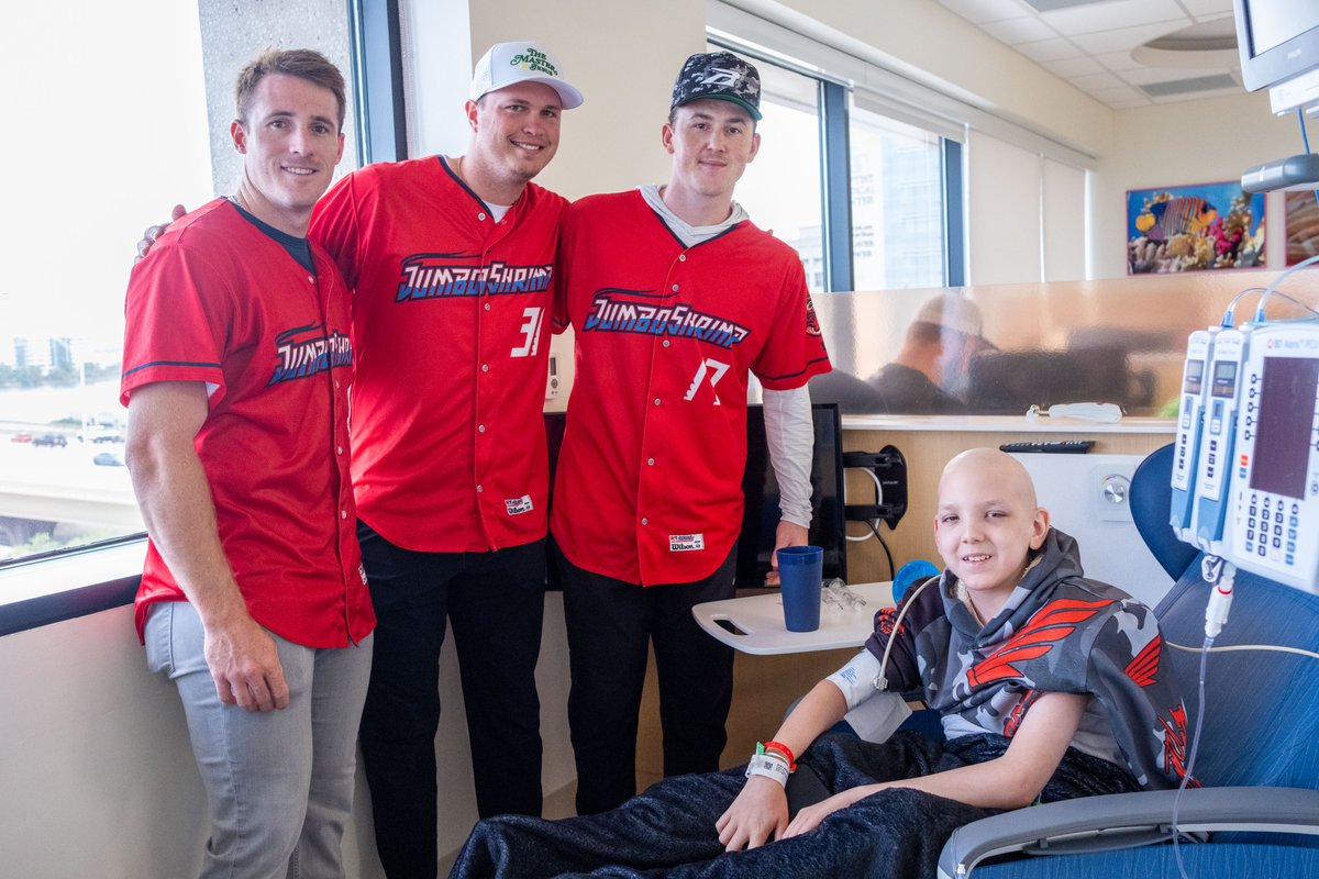 WolfsonChildren's tweet photo. Our #WolfsonWarriors couldn't be taken out to the ballgame, so the @JaxShrimp brought the ballgame to them today! ⚾ 

Jumbo Shrimp players Jacob Berry, Bradley Blalock (@bradley_blalock) and Ethan O'Donnell (@ethanodonnell14) stopped by a few of our patients' rooms to spread some goodwill, give away swag, and talk about anything the kids had on their minds. 

By the end of the day, the kids' smiles were sunnier than the brightest day at the ballpark! 🌞