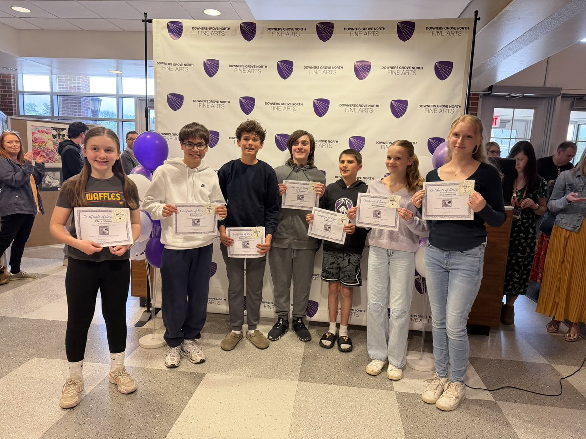 Mrs_Lukes's tweet photo. Six @HerrickMS students were invited to participate in the @DGNFineArts show this spring. These emerging artists were celebrated last night! Their work is on display at DGN until 5/8. #dg58pride https://t.co/aAGwdXhqKT