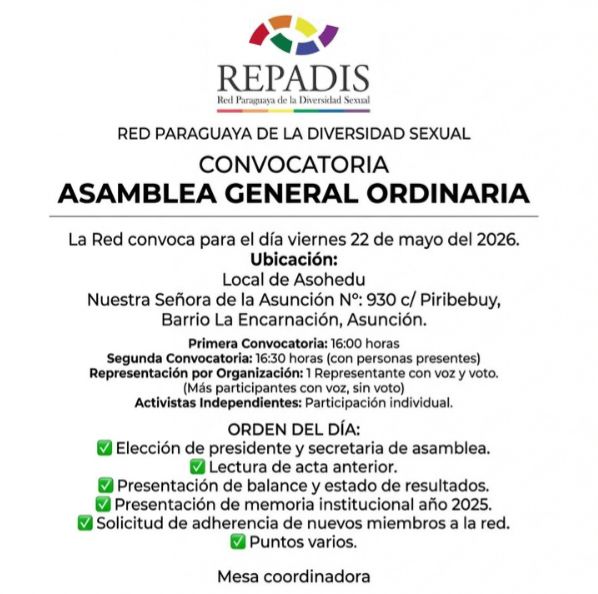 repadispy's tweet photo. Les esperamos a todas las organizaciones y activistas independientes de la REPADIS a participar de la Asamblea anual. https://t.co/5Aw8A3hZuB