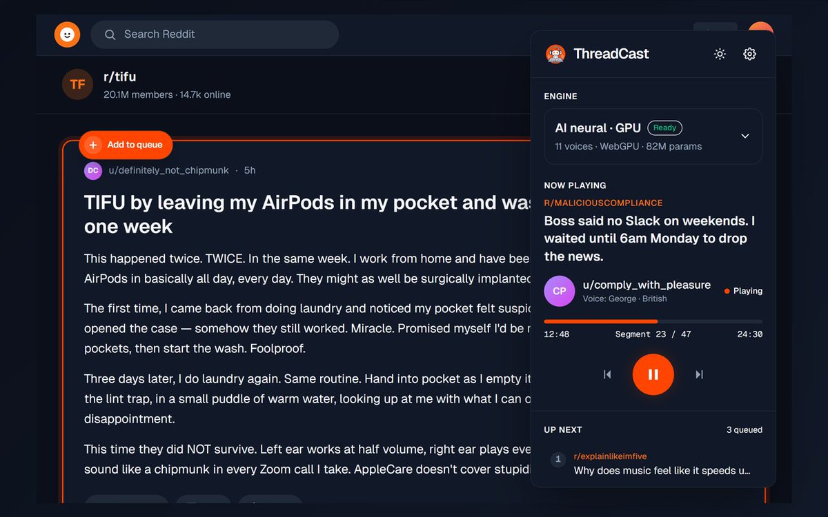 ThreadCast_App's tweet photo. 🎧 Hi, I'm building ThreadCast.

A Chrome extension that turns Reddit threads into a hands-free podcast — multi-voice AI narration, sleep mode, on-device.

No account, no cloud, no tracking.

Shipping to the Chrome Web Store soon. Follow for updates → https://t.co/FvSmNpILQf https://t.co/c1V1YTe2mM