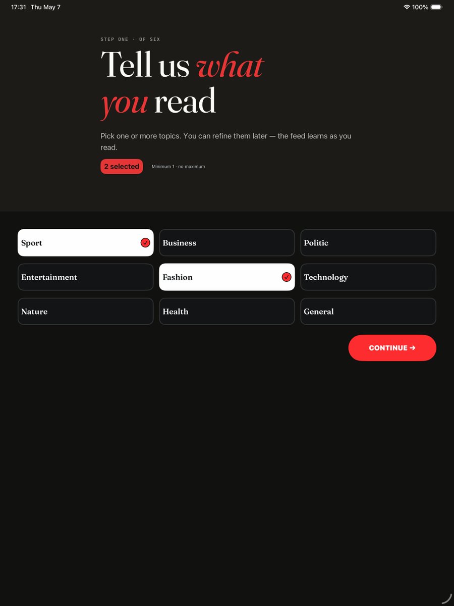 bubudrc's tweet photo. I’m continually refining the UI of @newsreadeck—starting with the first step of onboarding. A cleaner design and a reusable view pattern make this the smoothest experience yet. https://t.co/9QX79gB9P8