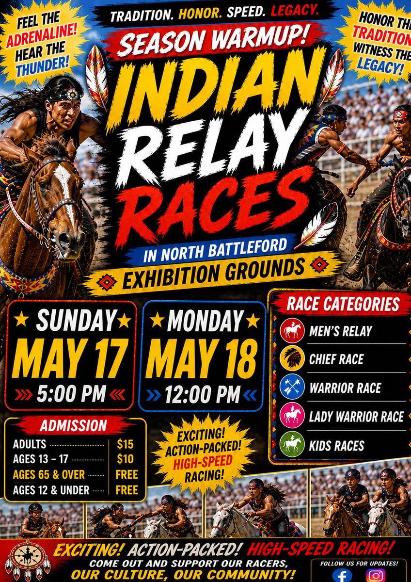 BfordsAg's tweet photo. Only one more week until the Indian Relay Season Warm Up, May 17 &amp; 18 at the Exhibition Grounds.

Races Include:
Men's Relay
Warrior Race
Lady Warrior Race
Chief Race
Little Braves Race

Admission:
Adults - $15.00
Students - $10.00
Seniors &amp; under 12 - FREE

Concession on site. https://t.co/vCCA5UV1kM