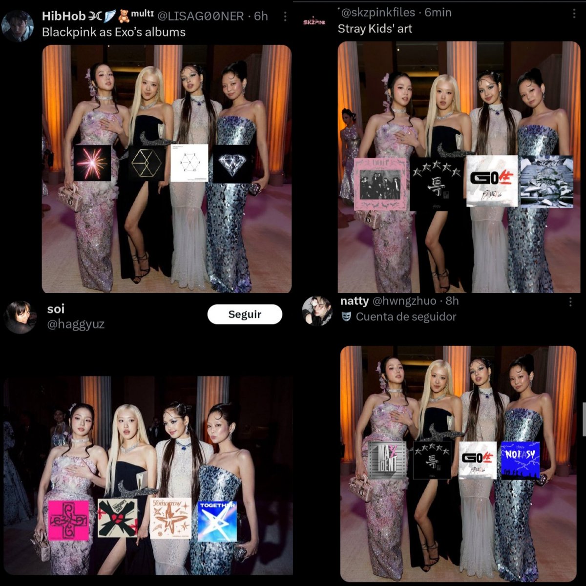 El nuevo trend donde los fandoms ponen los álbumes de sus favs segun el color del vestido de las Pinks es demasiado lindo ajsjjs.