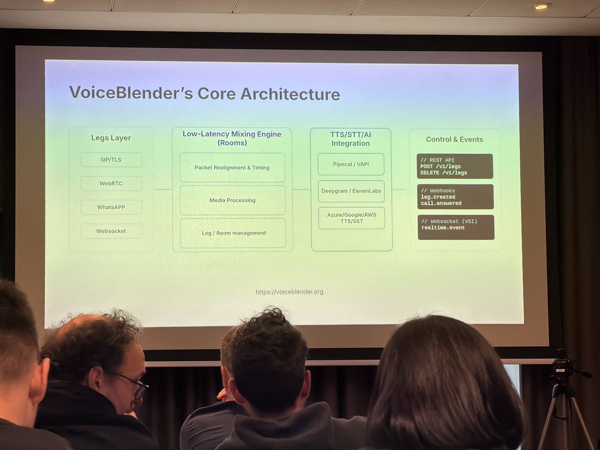 vr000m's tweet photo. At kamailio world this week and it’s interesting to see the convergence of SIP wizards and voice ai. 

Saw a neat project Voice Blender by @cezar91 a go based MCU. MIT License. 

On the heals of OpenAI’s talking about their new webrtc infrastructure. Having a lightweight MCU sitting in front of pipecat (via SIP, Webrtc) makes a lot of sense for warm transfers or WhatsApp calling.