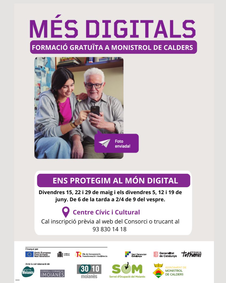 ViuMonistrol's tweet photo. Els divendres de maig i juny es farà una formació gratuïta sobre com protegir-nos al món digital. Per les tardes al Centre Cívic. https://t.co/C1u99oQuT3