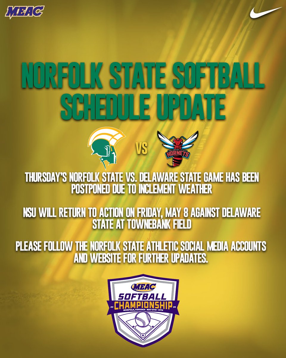 nsusoftball's tweet photo. The MEAC Softball Tournament resumes tomorrow, Friday, May 8.

The Spartans and Hornets will kick off the day at 11 AM at TowneBank Field.

#Behold | #GoldStandard🔰🥎 https://t.co/ygZFAEzRQc