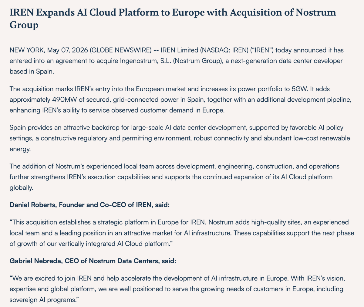 $IREN just entered the European market with the acquisition of Nostrum, a data center developer based in Spain.

This acquisition adds 490 MW of grid-connected power (in Spain), with the total *secured* power portfolio now consisting of 5 GW!

Wow! $IREN is really on a massive