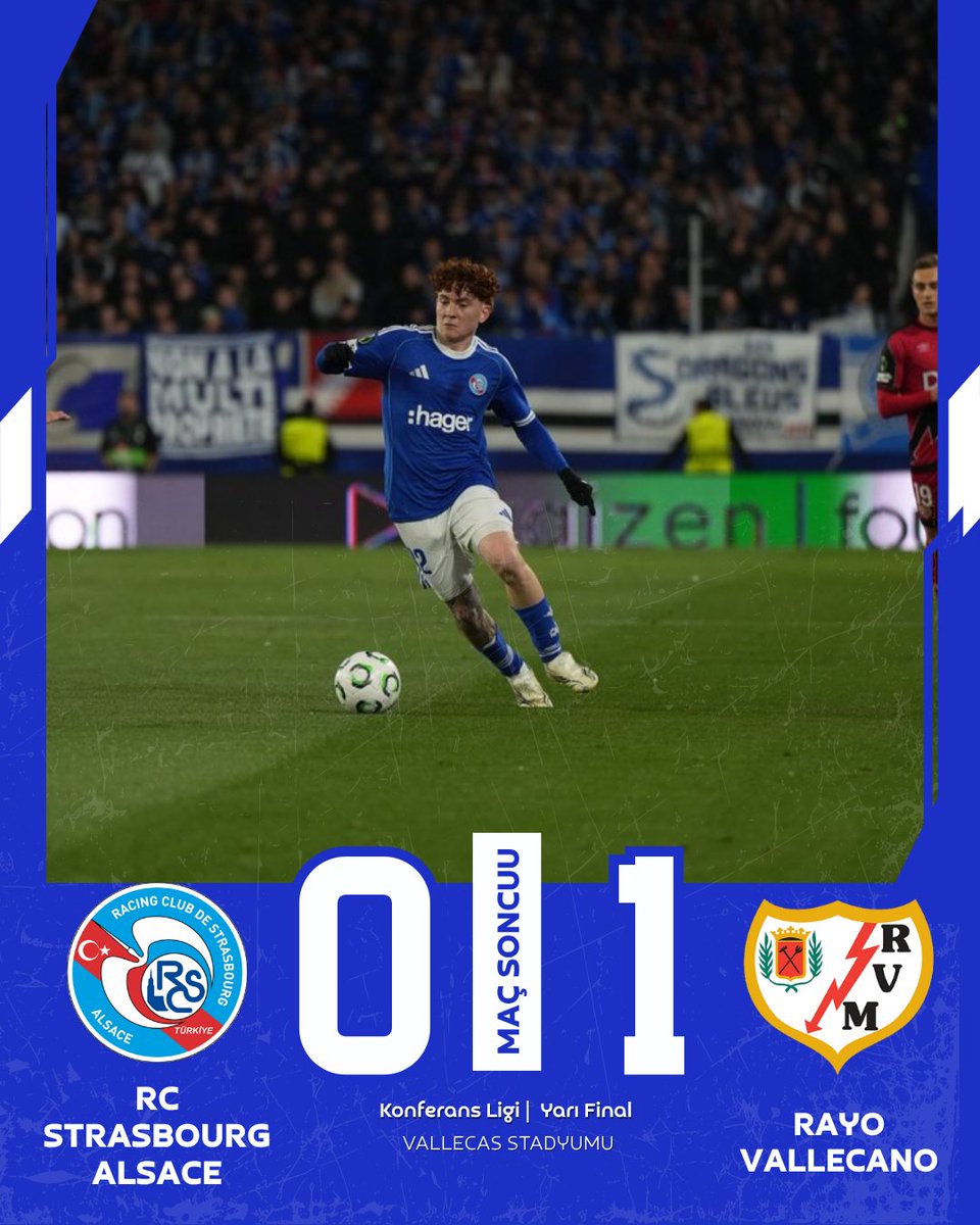 RCStrasbourgTR's tweet photo. ⏱️MAÇ SONUCU

RC Strasbourg Alsace 0-1 Rayo Vallecano (0-2)

Bizim için hikaye burada bitti... Peri masalı için Rayo Vallecano'ya finalde başarılar dileriz. @TRayoVallecano2 

💙ALLEZ RACING!
#RCSARAYO #UECL #RCSA #Strasbourg #Vallecano (RCSA  0-1 RAYO) https://t.co/UYBQr4cAsI
