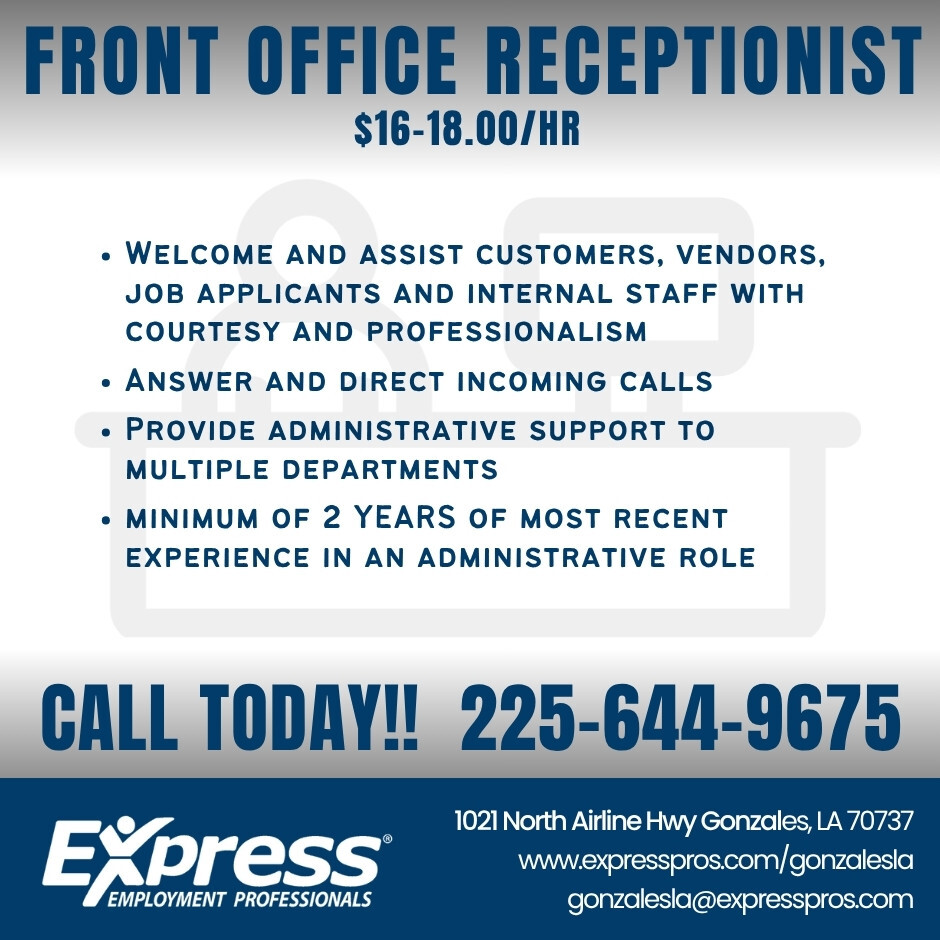 Now Hiring – Front Office Receptionist

We are recruiting for a professional and friendly Front Office Receptionist.

Responsibilities include:
• Welcome and assist customers, vendors, job applicants, and internal staff with courtesy and professionalism
• Answer and direct...