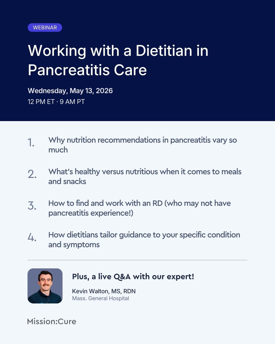 Mission_Cure's tweet photo. On May 13th, we're bringing in Kevin Walton, MS, RDN, a registered dietitian who specializes in working with patients with pancreatitis. 

Register now: https://t.co/3wEtoVpsEi https://t.co/DJu8SBWGSQ