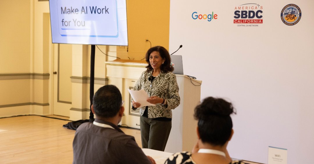 CaliforniaOSBA's tweet photo. CalOSBA joined Grow with Google, @CAGoBiz &amp; Central CA SBDC for the “Make AI Work for You” tour stop. Director Elmy Bermejo &amp; Isaiah Green connected with local SMBs exploring practical AI tools for business growth. 💡

#CalOSBA #GrowWithGoogle #MakeAIWorkForYou #SmallBiz https://t.co/lU940Keq0T