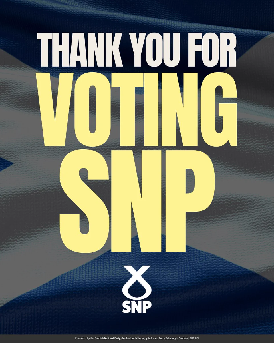 Thank you message from SNP over a Scottish flag background expressing gratitude for voting support.