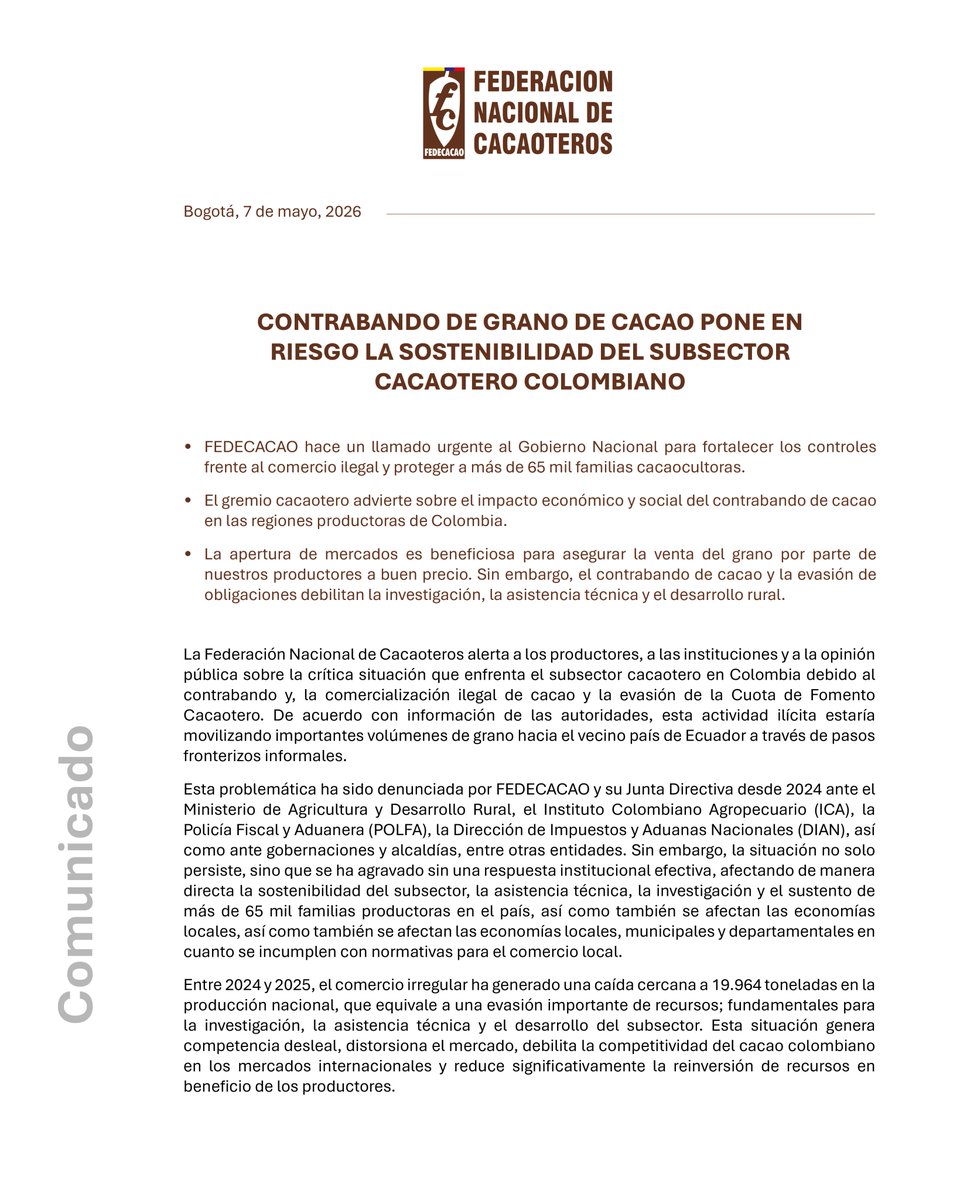 fedecacao's tweet photo. 🚨 #Importante | Fedecacao hace un llamado urgente al Gobierno Nacional para fortalecer los controles frente al comercio ilegal de cacao y proteger a más de 65 mil familias cacaocultoras del país🌱🇨🇴. 

Conozca aquí más información.
@MCarvajalinoV @MinAgricultura @DIANColombia https://t.co/a6X9KAzu7n