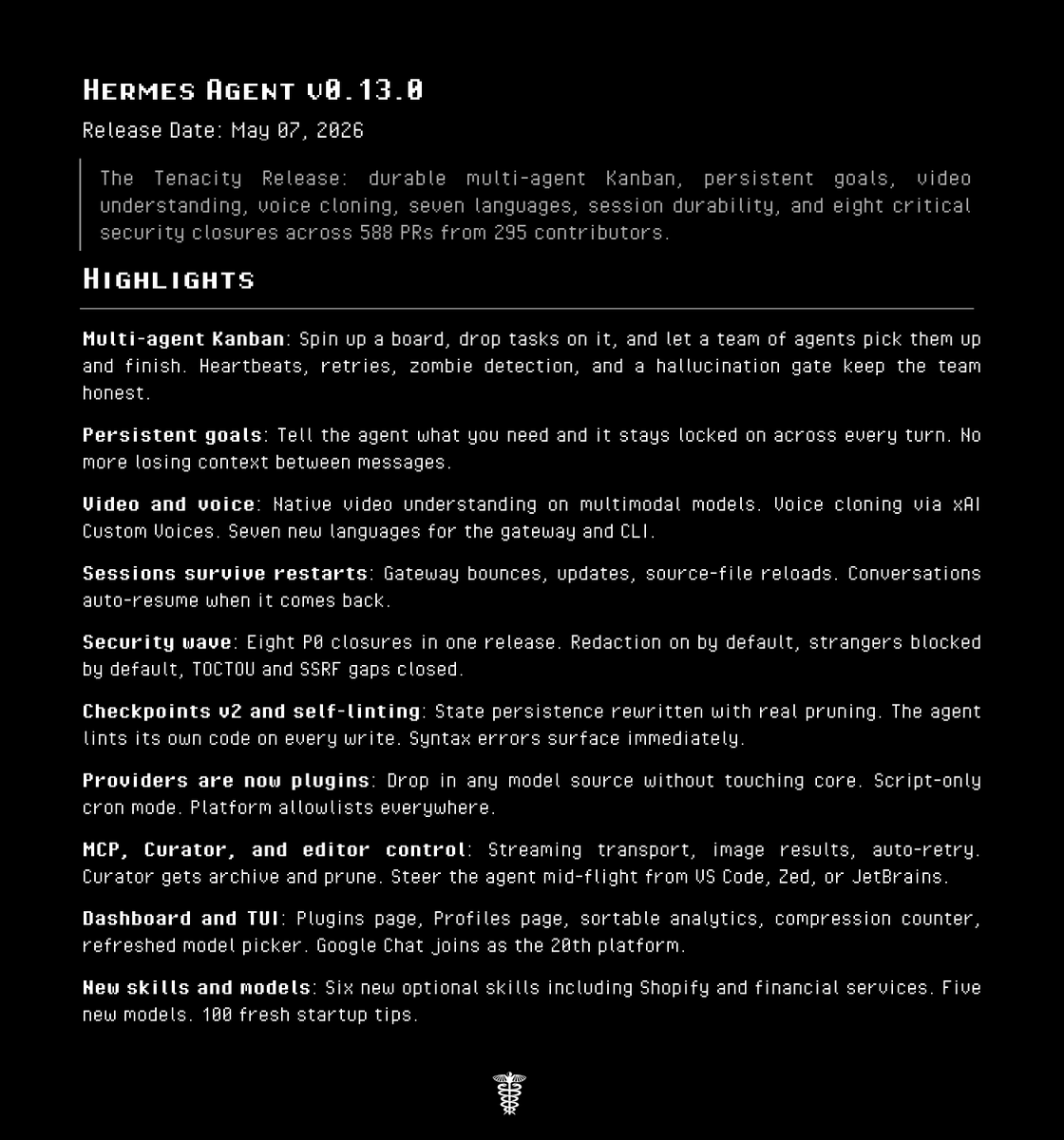 NousResearch's tweet photo. Full Release Notes: 
https://t.co/eIIeI2U7nT

To update, run: 'hermes update' https://t.co/3UlVLEtmBL