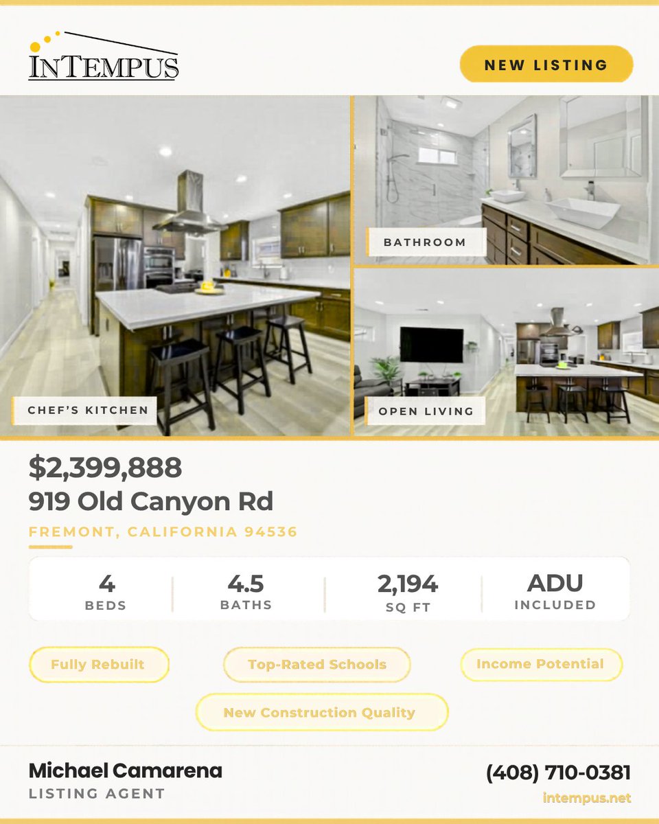 IntempusRealty's tweet photo. 🏡 Just Listed in Fremont, CA!
4 bed | 4.5 bath | 2,194 sqft | $2,399,888
Fully rebuilt + ADU. Chef's kitchen, marble baths, open layout,new construction quality in an established neighborhood.
📞(408) 710-0381
🌐 https://t.co/t2LtDtKUUI
#JustListed  #BayAreaRealEstate #Intempus https://t.co/1eyEtDXZ7j