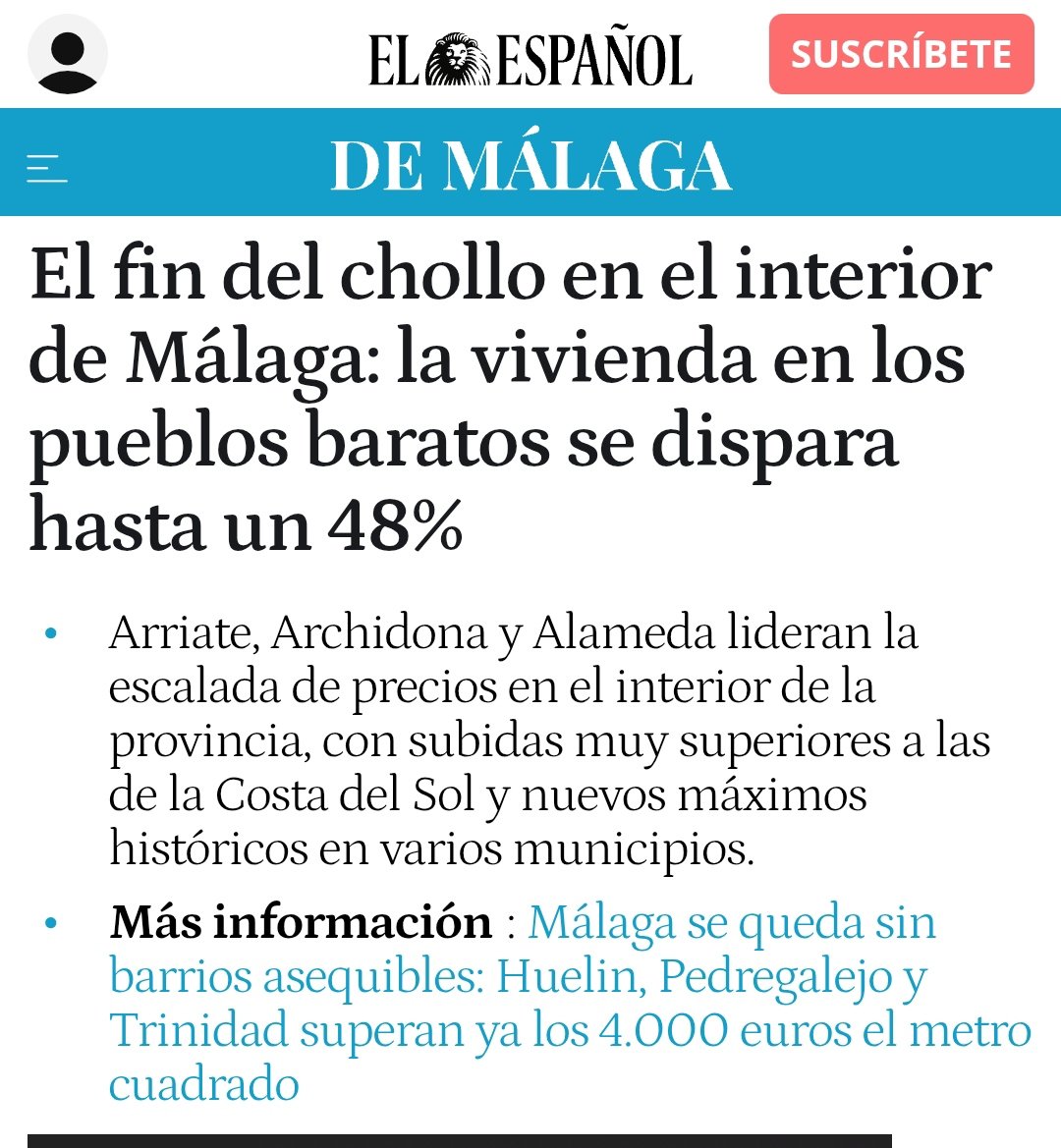 Vaya, sin barrios asequibles, ahora resulta que tampoco nos vamos a poder ir a vivir a los pueblos de la GRAN MÁLAGA. De tanto poner a Málaga en el mapa, nos van a borrar del mapa a todos los malagueños. Menudo éxito. Brillante. Gracias a todos los que lo han hecho posible.