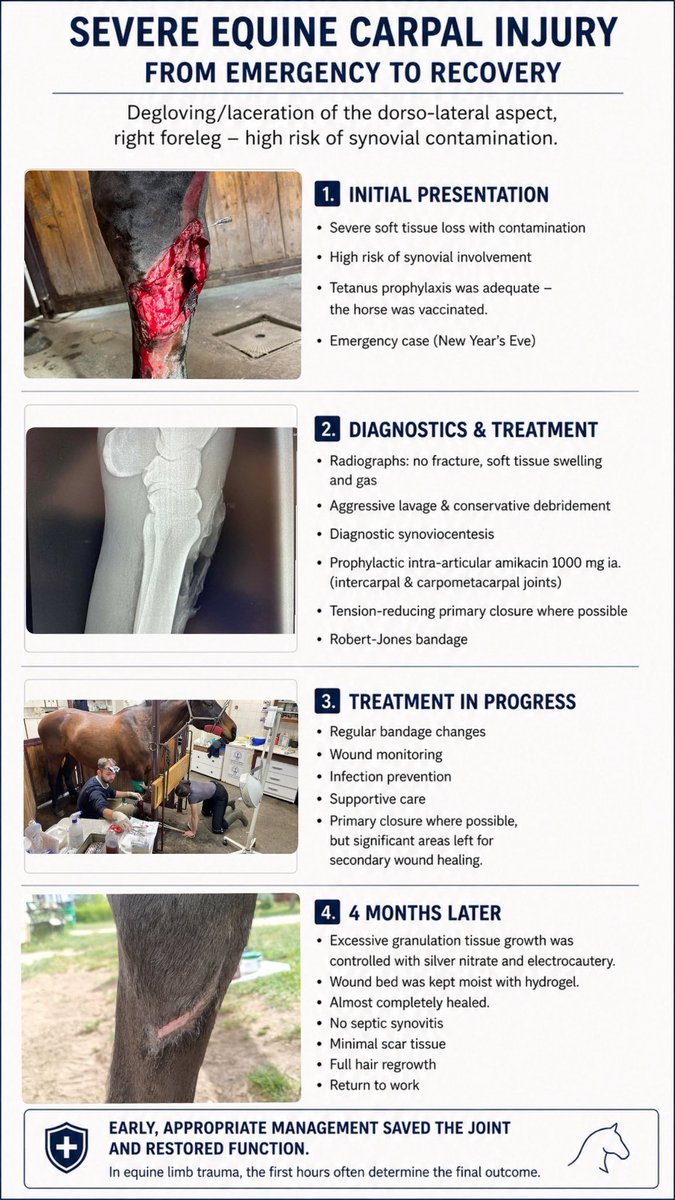 WhiteHawk_Vet's tweet photo. „New Year’s Eve emergency.”
Severe equine carpal degloving/laceration with massive soft tissue disruption and high risk of synovial contamination.

4 months later: functional healing, no septic synovitis, minimal scar formation.

#EquineMedicine
#VeterinaryMedicine 
#WoundHealing https://t.co/1CpB5eebe2