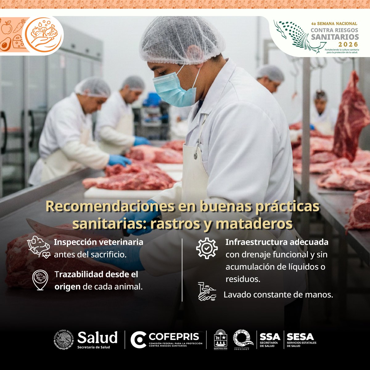 dprisqroo's tweet photo. La inocuidad alimentaria comienza en el origen. Para garantizar productos cárnicos seguros, es vital que #Rastros y #Mataderos sigan estrictas buenas prácticas sanitarias.

#SemanaContraRiesgos #COFEPRIS #InocuidadAlimentaria #RastrosSeguros https://t.co/tvFx0xz1D5