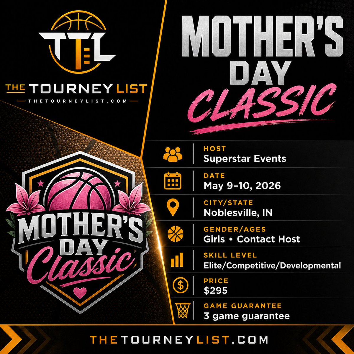 TheTourneyList's tweet photo. "Mother's Day Classic | May 9-10, 2026 | Noblesville, IN
Girls | Ages: Contact Host
Price: $295 | Games: 3 game guarantee
Host: Superstar Events
More events: https://t.co/TCofH1XuQf
#TheTourneyList #YouthBasketball #AAUBasketball #GirlsBasketball" https://t.co/zp9UkVqRCL