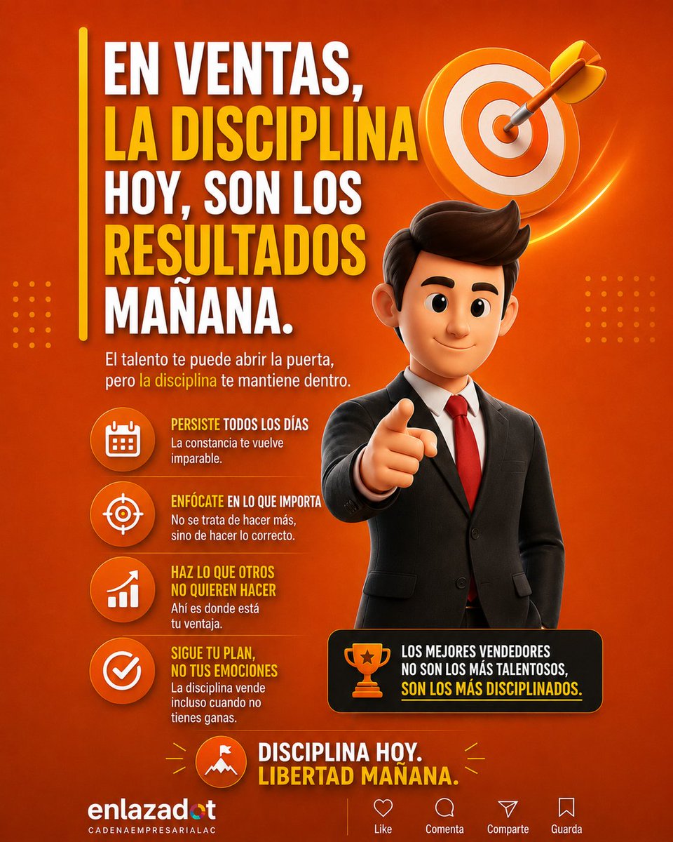 enlazadot's tweet photo. Las ventas no siempre dependen del talento.
Muchas veces dependen de algo más difícil:
la disciplina.
📞 Dar seguimiento cuando nadie responde.
📩 Enviar propuestas aunque tengas dudas.
📈 Prospectar incluso cuando ya vendiste.
⏰ Mantener constancia aunque no veas resultados inmediatos.
Ahí es donde se separan los vendedores promedio
de los que realmente crecen.

Porque vender no es cuestión de motivación…
es cuestión de hábitos.
La disciplina convierte pequeños esfuerzos diarios
en grandes resultados a largo plazo.
🔥 Los mejores vendedores no trabajan solo cuando tienen ganas.
Trabajan porque tienen un objetivo.
#Ventas #Disciplina #MentalidadDeVentas #Negocios #Empresarios #Liderazgo #Enlazadot #VentasExitosas #Prospección #CrecimientoEmpresarial