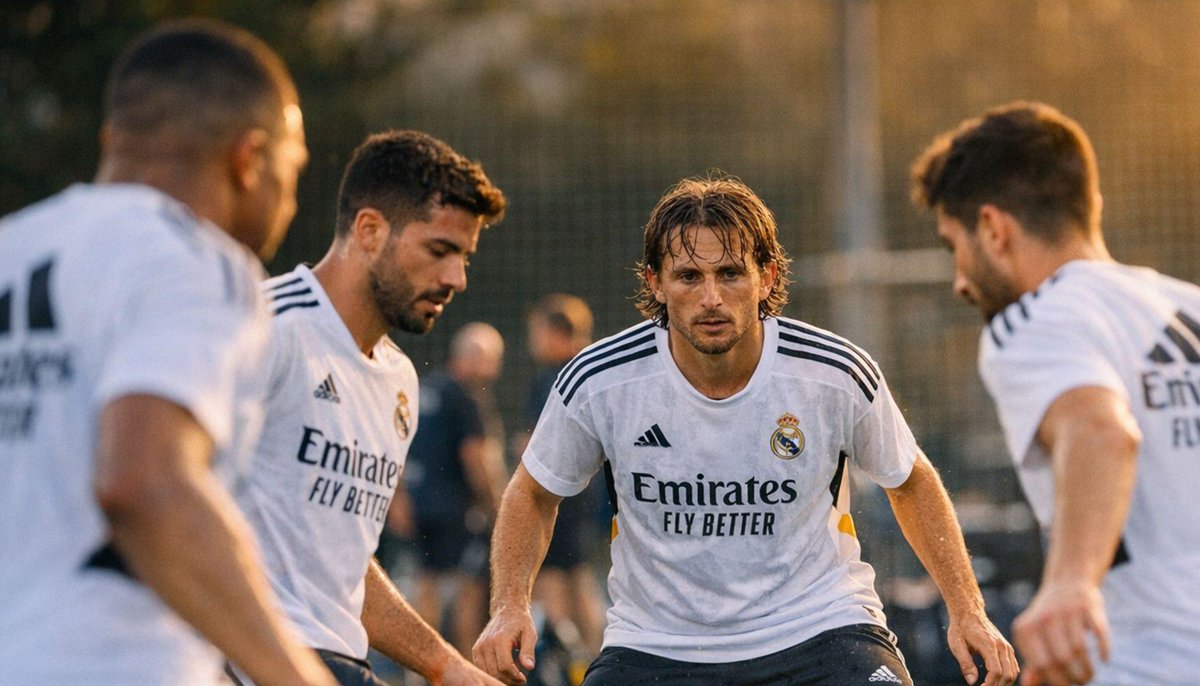 RMadridNN's tweet photo. Real Madrid afina el plan para el Clásico: táctica, posesión y definición. Mbappé se entrenó parcialmente con el grupo; Güler, al margen. Carvajal, Mendy, Militão y Rodrygo siguen en recuperación. https://t.co/YVGfKPyt6C https://t.co/sZcuMsjMFx