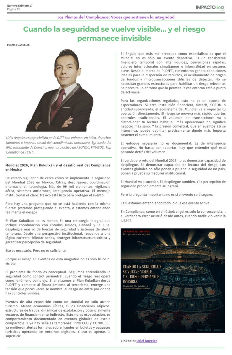 LRCUrielAngeles's tweet photo. Ya disponible mi artículo en la edición #IMPACTO360 by @GMC360_ :

Una reflexión sobre Mundial 2026, Plan Kukulkán y los retos reales del #Compliance y #PLDFT en México. ⚽📂

🔗
 https://t.co/aRusmMNJya

#Impacto360 #Mundial2026 #PlanKukulkan https://t.co/o74hAiAYqN