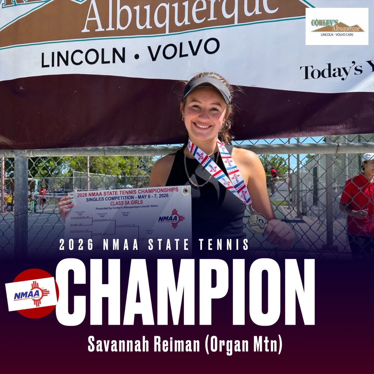 _NMAA's tweet photo. Congratulations to Savannah Reiman of Organ Mountain HS, winner of the Class 5A Girls Singles Title at the 2026 NMAA State Tennis Championships presented by Corley’s Albuquerque Lincoln Volvo https://t.co/Lyp1GfaTTz