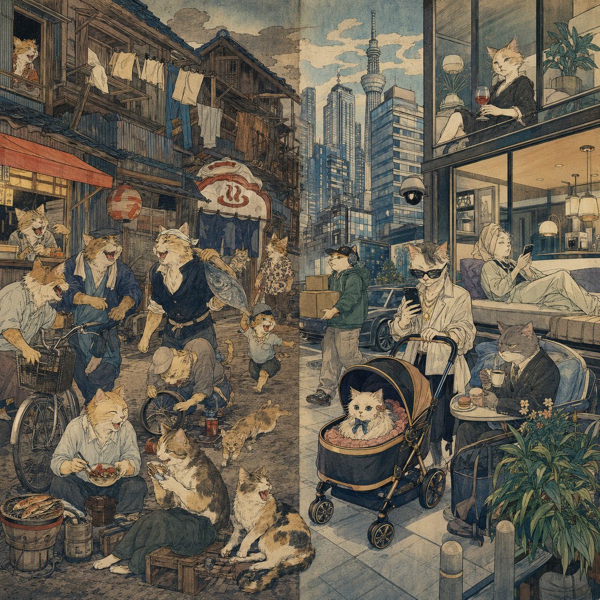 昭和ネコイズム 昭和 vs 令和 笑 画：安達猫風
