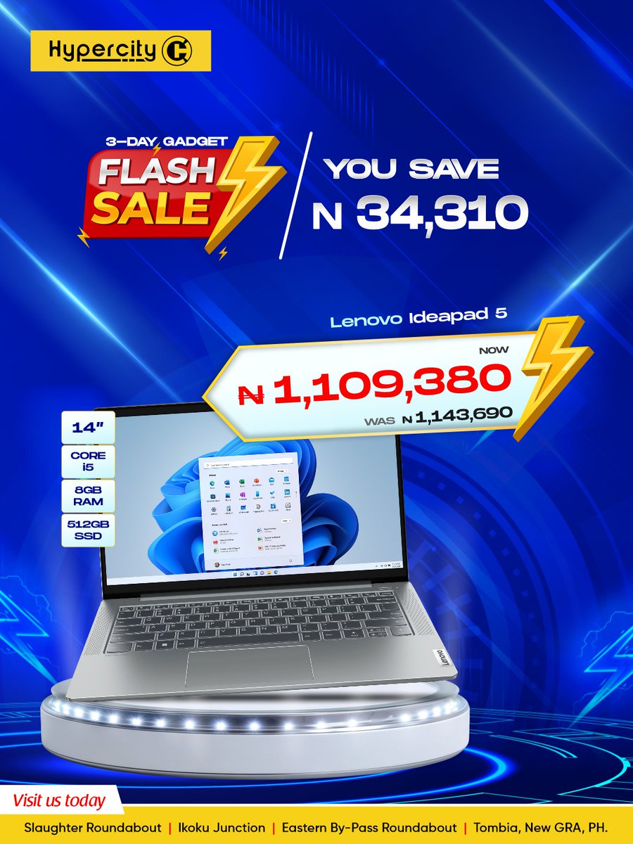 💻 SAVE ₦95,000+ on selected laptops 🔥

Only during the HyperCITY 3-Day Flash Sale ⚡

📅 May 8th – 10th
📍 Shop in-store now.

#HyperCITY 
#LaptopDeals 
#FlashSale