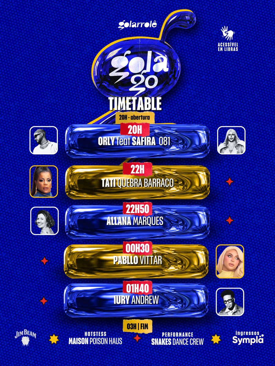 golarrole's tweet photo. solta esse tic tic ⏰
temos horários da #Gola20 ☑️

🕗 20h - @OrlandoDantas y @guilermetuita 
⭐️ 22h - @TatiQBOficial 
🕘 22h50 - @allanamarques 
⭐️ 00h30 - @pabllovittar (Tour 10 anos de Carreira)
🕜 01h:40 - @iuryandrewDJ 
🕥 03h:00 - fim

últimos 🎟️ em https://t.co/uoaxtBKm2o https://t.co/MfEIKwkrgD