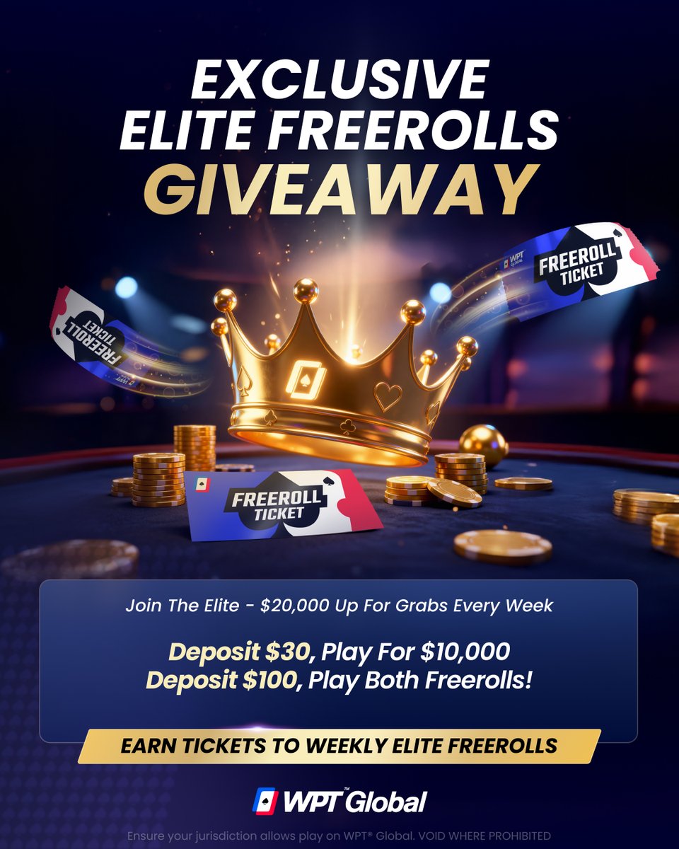 WPTGlobalEU's tweet photo. 🎟️ GIVEAWAY TIME! 🎟️

Join our FREE $10K GTD freerolls every weekend! 💰

💸 Deposit $30 = 1 freeroll entry
💸 Deposit $100 = Access to both freerolls

Drop your WPT Global username below for your chance to win a ticket! ⬇️ https://t.co/vlrJAdrUMZ