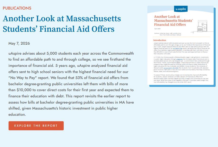 uAspire's tweet photo. We reviewed 300 financial aid offers for students with the highest financial need across MA. The findings? Financial aid doesn't cover the true cost of college.  Check out our latest brief, "Another Look at Massachusetts Students' Financial Aid Offers" (https://t.co/oJqCBtk29T). https://t.co/UpTsf306kF