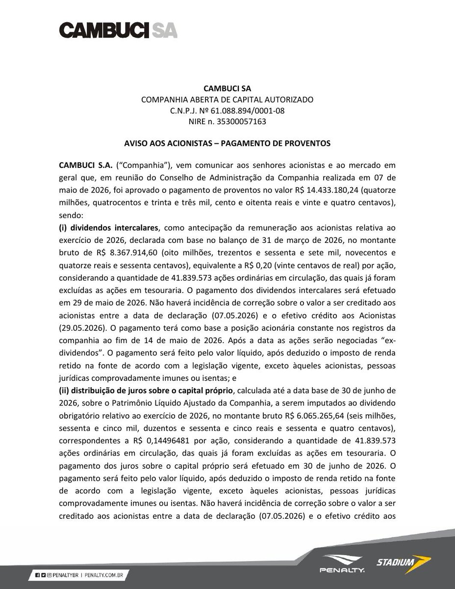 AvisosDaBolsa's tweet photo. CAMBUCI S.A. - Dividendos/Juros sobre Capital Próprio #CAMB3 #DIVIDENDO #JCP https://t.co/xql6q9Et5W