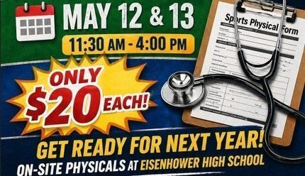 USD265_EHS's tweet photo. Student athlete physicals for next school year will be offered on campus, May 12 and May 13 after final exams. Use this link for more information and to reserve a time.  https://t.co/0W7lCOswAk https://t.co/bCXN3EdjqT