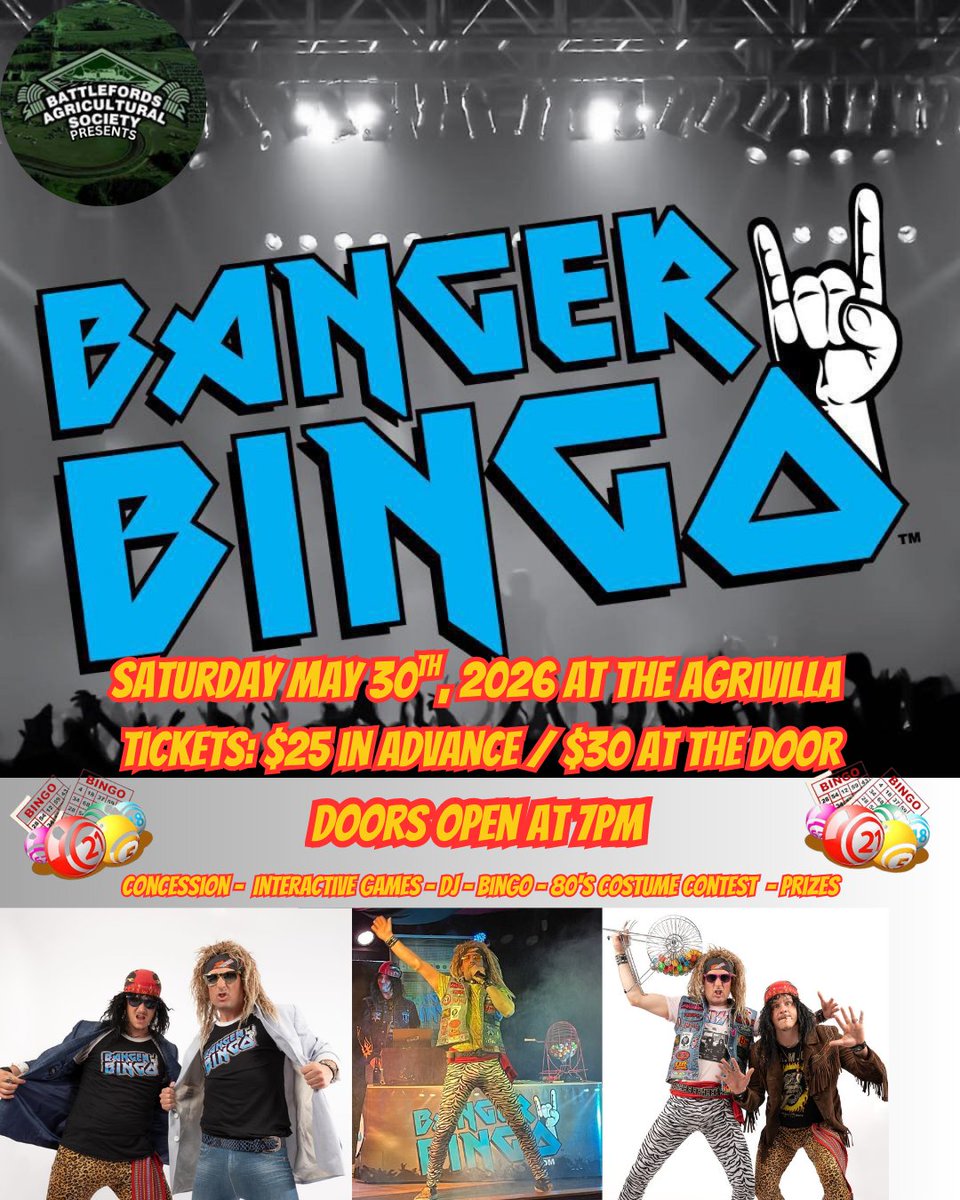 BfordsAg's tweet photo. Listen up, party people!
Banger Bingo is hitting the Exhibition Grounds May 30 &amp; it is gonna be maximum rad! Dig out your choice 80s gear, &amp; get ready to get stoked. We’ve got wicked interactive games, fresh prizes, sick tunes, a costume contest, &amp; bingo—no lie!
Call 306.445.2024 https://t.co/IskjjIMvg9